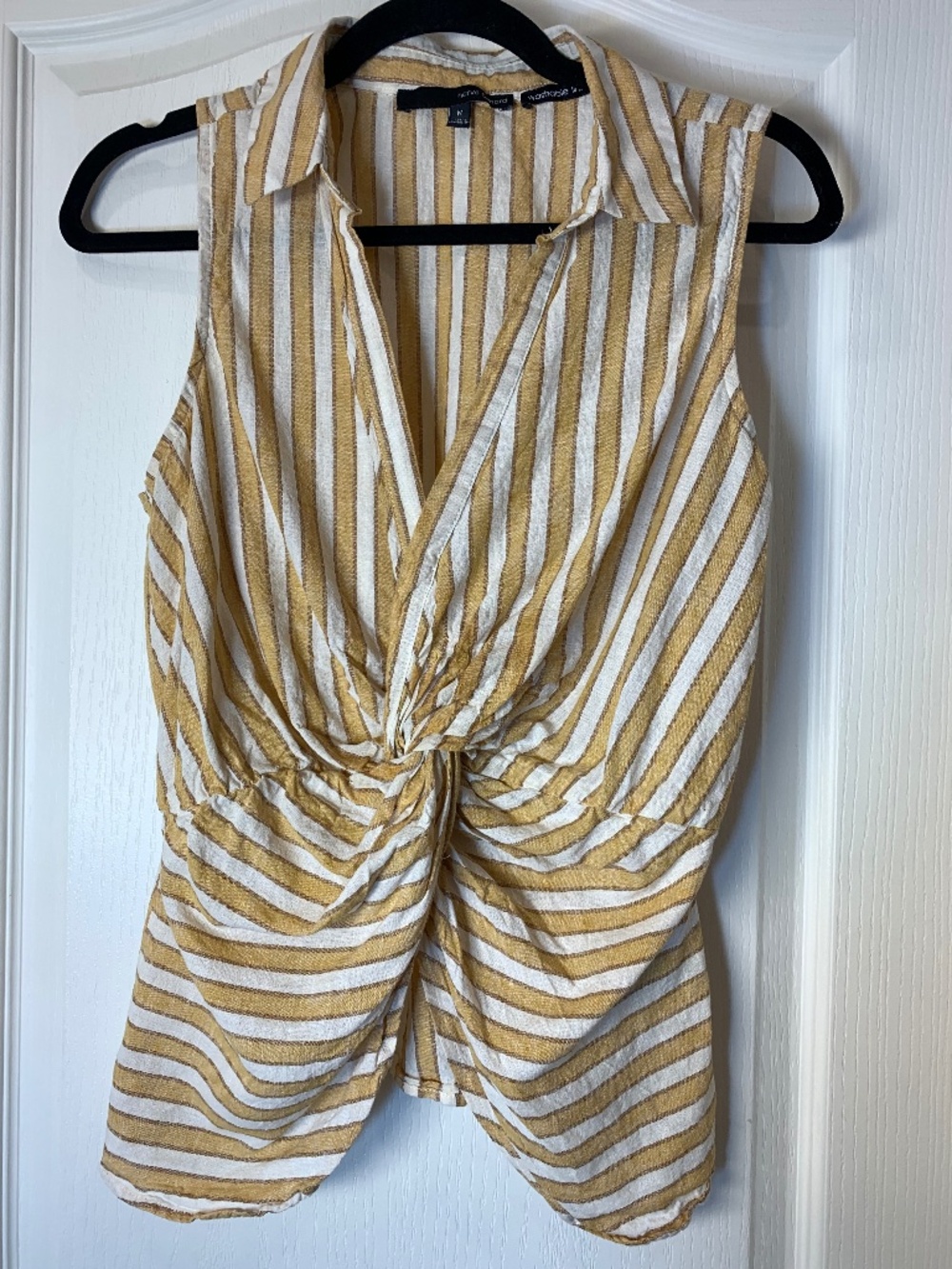 Harvé Benard Washable Linen Sleeveless Twist Front Top Mustard Stripe M